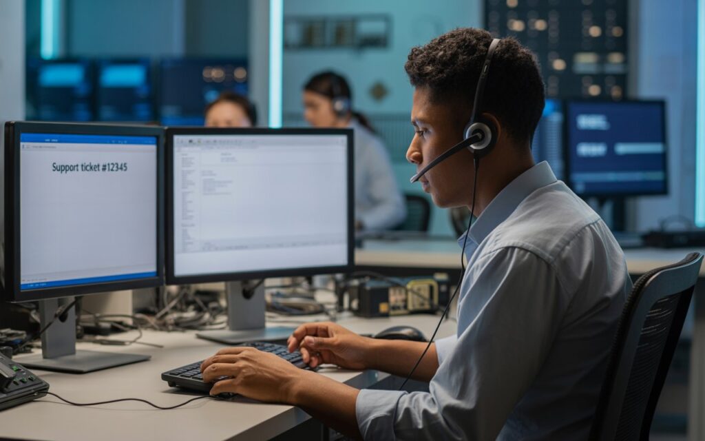 A man with a headset sits at a desk, focused on two computer monitors displaying various applications, representing 1st line IT support jobs in action.