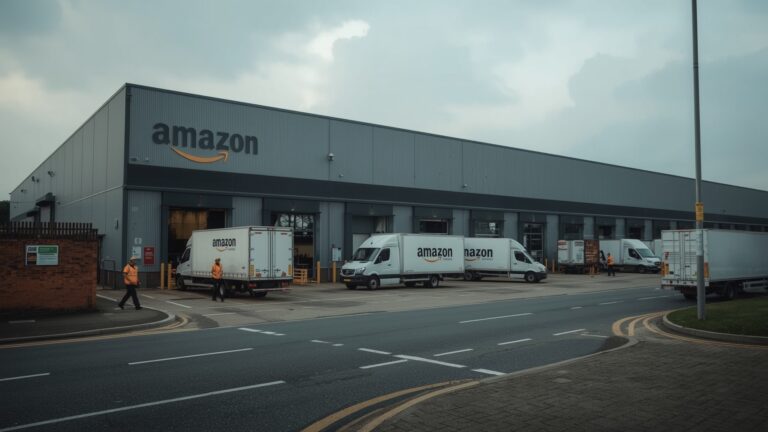 Amazon warehouse jobs London – showing a large Amazon warehouse building in London with the company logo and multiple delivery trucks parked outside.
