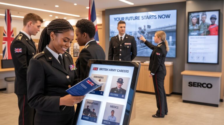 A group of uniformed individuals attentively observes a screen displaying information or data related to British Army jobs.
