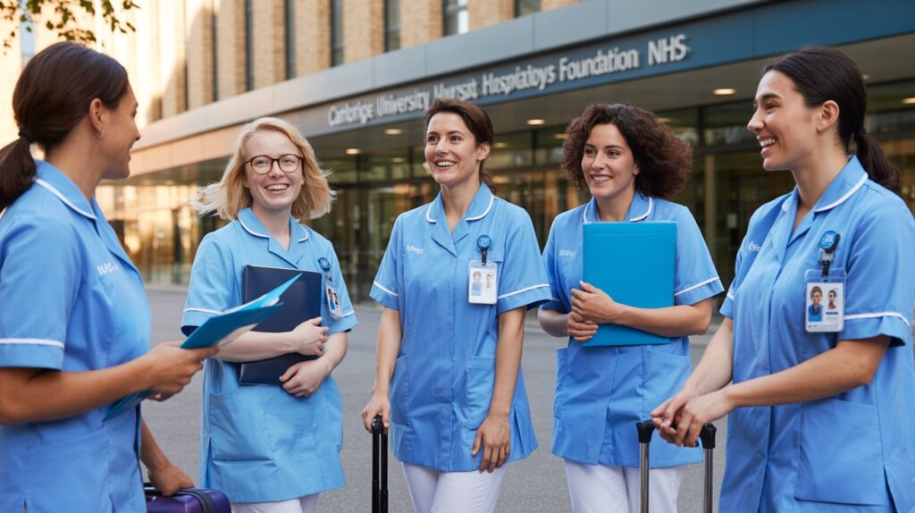 A group of nurses in scrubs smiling and talking outside the hospital, representing Cambridge University Hospital jobs and teamwork.
