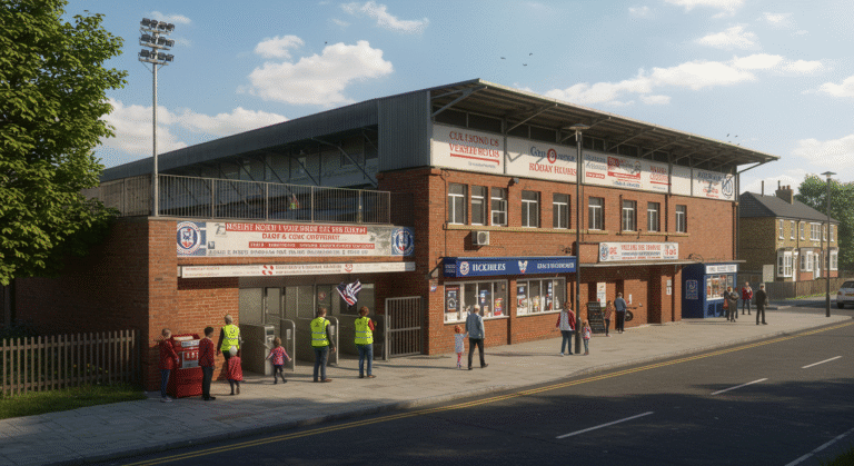 A digital rendering of the Chigwell Construction Stadium highlighting its modern stadium design, architectural features, and the surrounding East London landscape.