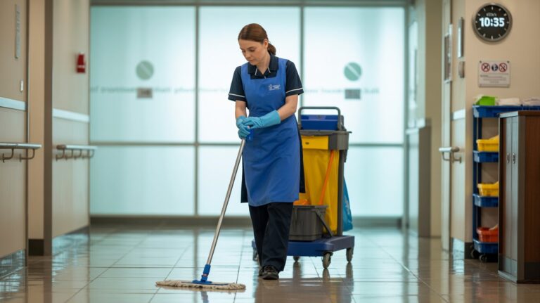 A woman in a blue apron is cleaning a hallway with a mop—representing Cleaner jobs in Kingston upon Hull, where maintaining tidy and presentable spaces is essential.