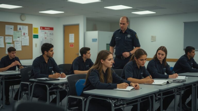 Students learning about Greater Manchester Police Jobs in a classroom setting, working together on a project with visible desks and educational materials.
