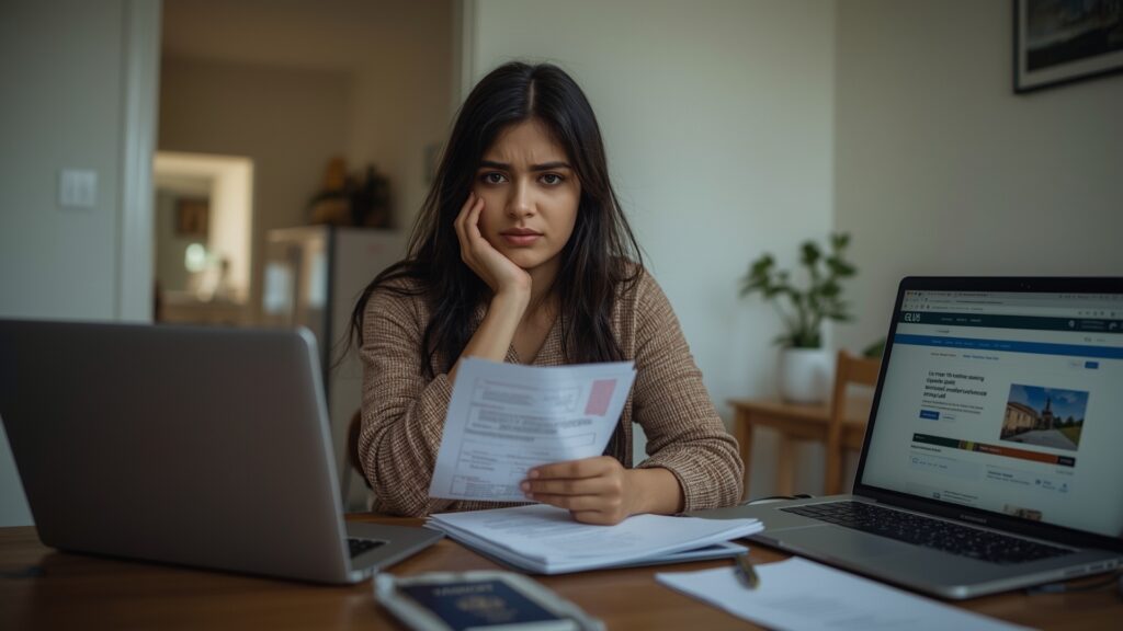 A woman carefully reviewing divorce paperwork on a table, researching how to cancel dependent visa in UK after separation.