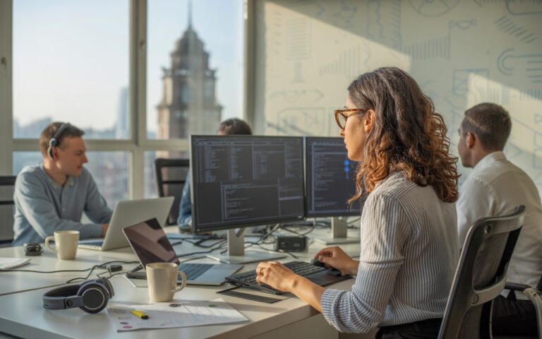A woman typing on a computer in a professional office setting, representing IT Jobs in Manchester UK, with office supplies around her.
