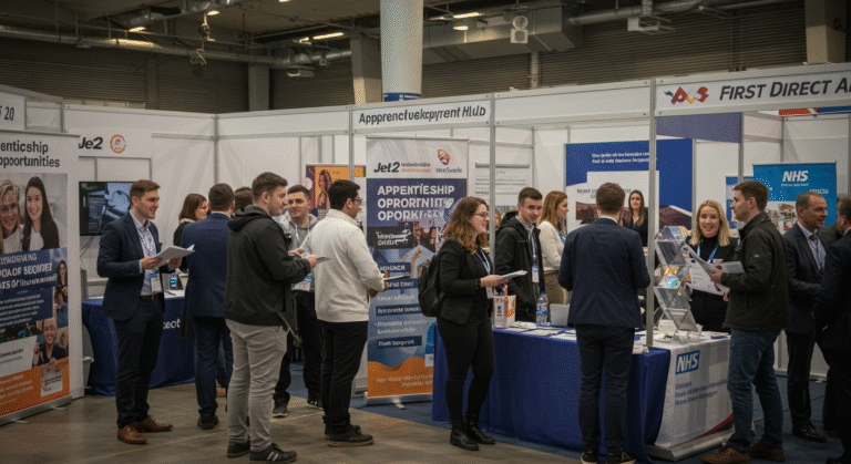 Job seekers exploring Leeds City Council jobs and apprenticeship opportunities at a bustling career fair, engaging with recruiters from NHS, Jet2, and other employers to discuss career paths and local employment options.