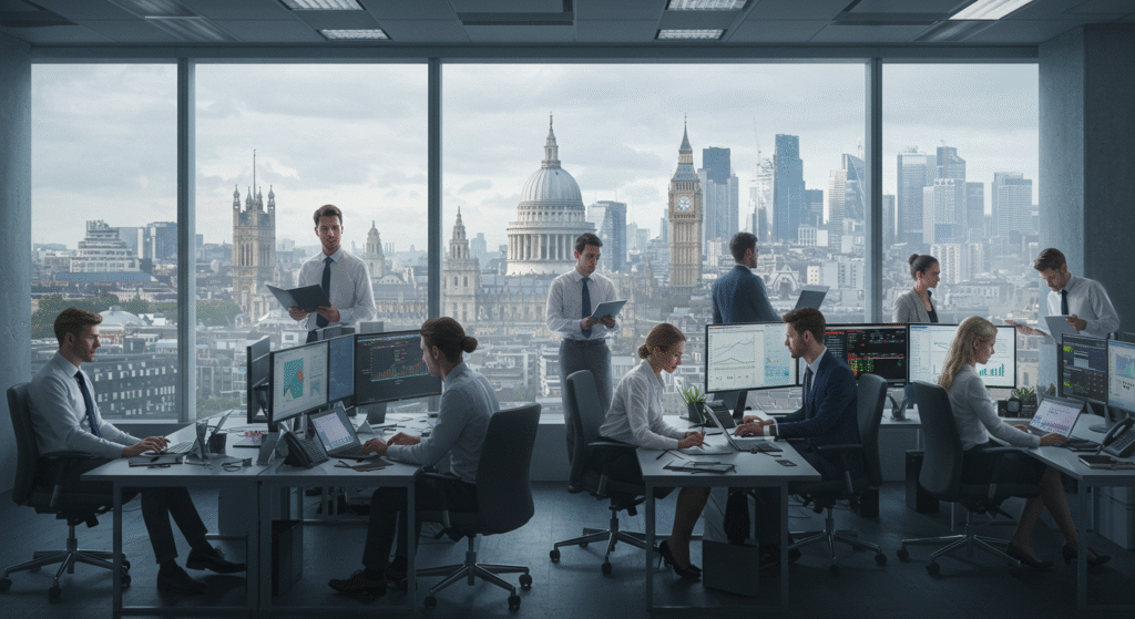 Professionals discussing London Stock Exchange jobs in a modern office with a view of the London city skyline.