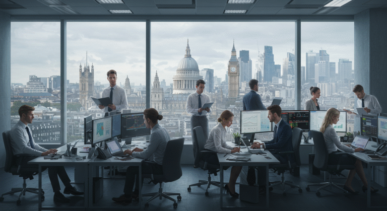 Professionals discussing London Stock Exchange jobs in a modern office with a view of the London city skyline.