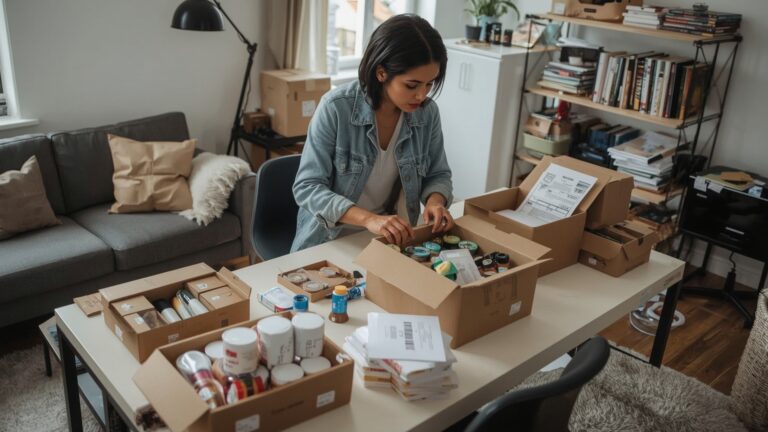 A woman is doing packing jobs from home UK, organizing boxes in her living room for a move or shipment.