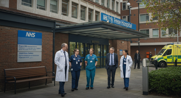 A group of doctors in professional attire standing outside the Royal Free Hospital London, showcasing teamwork and dedication while highlighting the diverse opportunities available through jobs Royal Free Hospital London.