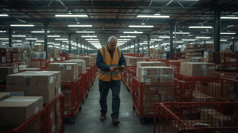 A worker managing boxes and carts in a well-organized facility, representing the daily tasks involved in Royal Mail Warehouse Jobs.