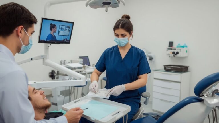 rainee dental nurse jobs London shown in action as a man and woman assist a patient in a dental chair, surrounded by dental tools and equipment in a professional clinic setting.