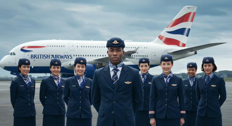Vacancies in British Airways: Professional flight attendants in British Airways uniform, ready to welcome passengers on board.