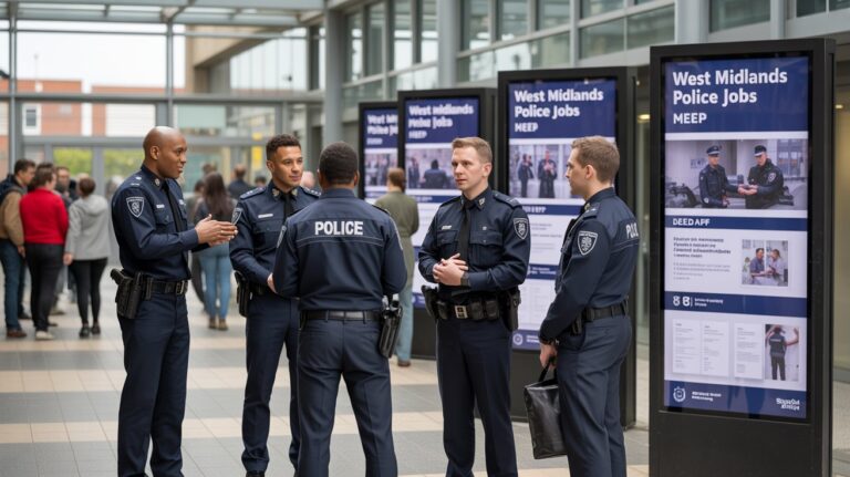 West Midlands Police Jobs: Police officers stand in front of large posters, engaging with the community and promoting public safety initiatives.