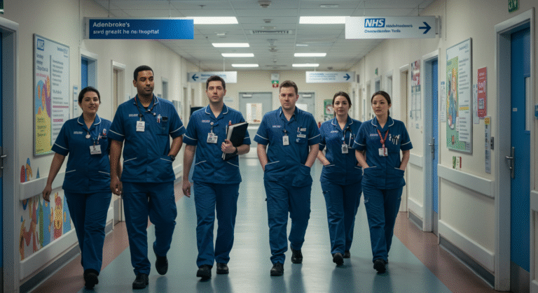 Several nurses in scrubs walking side by side down a brightly lit hospital corridor, discussing patient care.