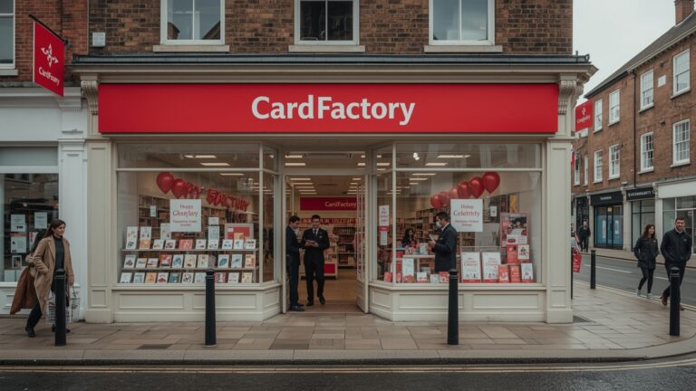 Card factory job scene at a busy city store, showcasing greeting cards and stationery items on display.