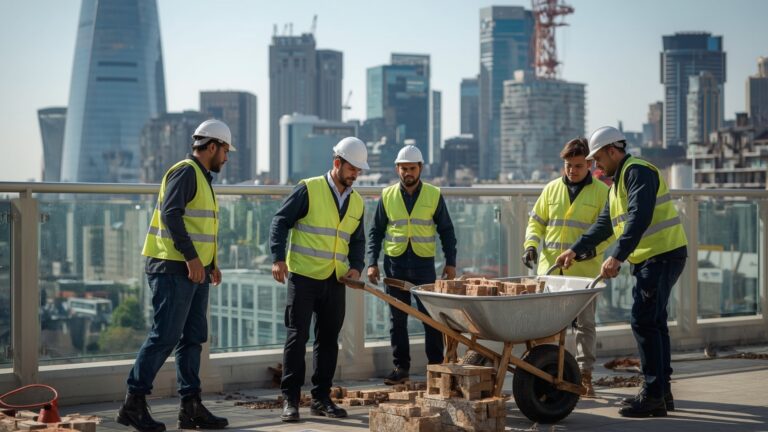 Construction labourer jobs London: Four construction workers on a rooftop, one pushing a wheelbarrow while the others assist with materials.