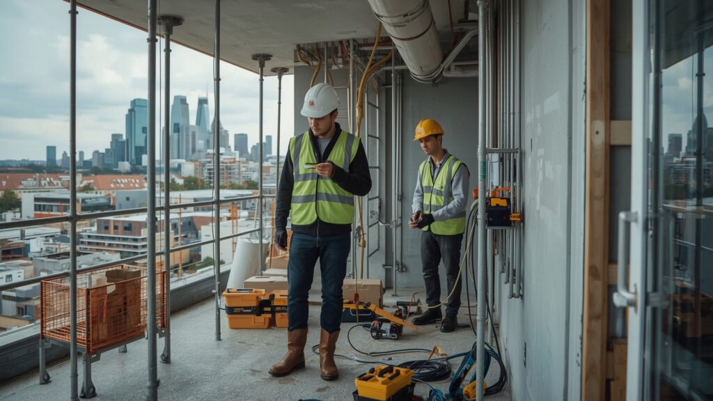 Two construction workers stand on a balcony overlooking a city skyline, wearing hard hats and safety vests, representing electrician mate jobs London.