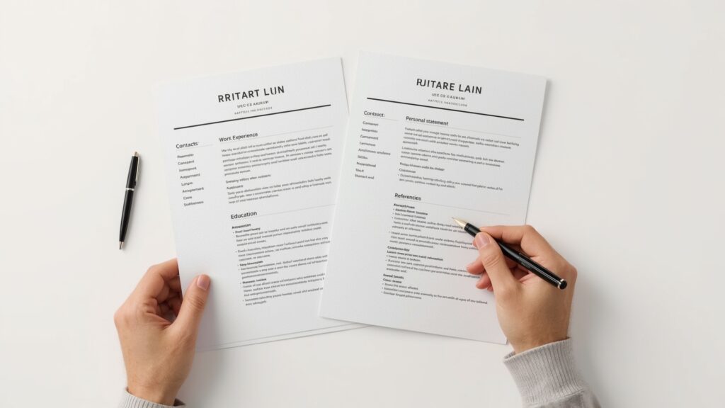 A close-up of two hands holding a resume on a white table, representing the process of learning how to create CV UK style for better career opportunities.