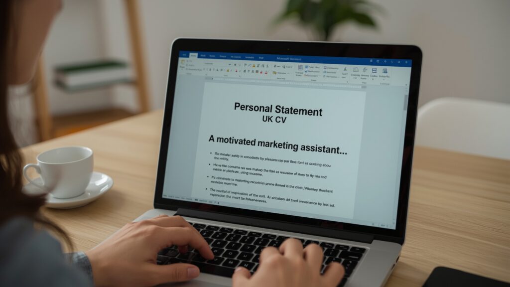 Personal statement document for a medical school application, illustrating the applicant’s motivations and healthcare experience while learning how to create CV UK style for a strong application.