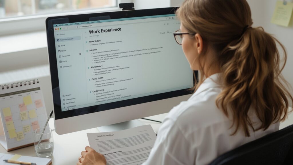 A woman at a desk reviews a resume on her computer screen, deep in thought, exploring how to create CV UK employers will notice.