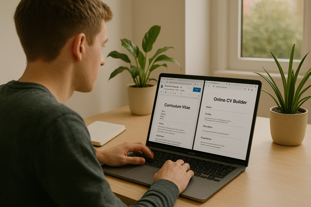 Young British job seeker sitting at a home desk, exploring how to create CV UK by comparing a Google Docs CV template and an online CV builder tool on a laptop, with a notebook and houseplants nearby.