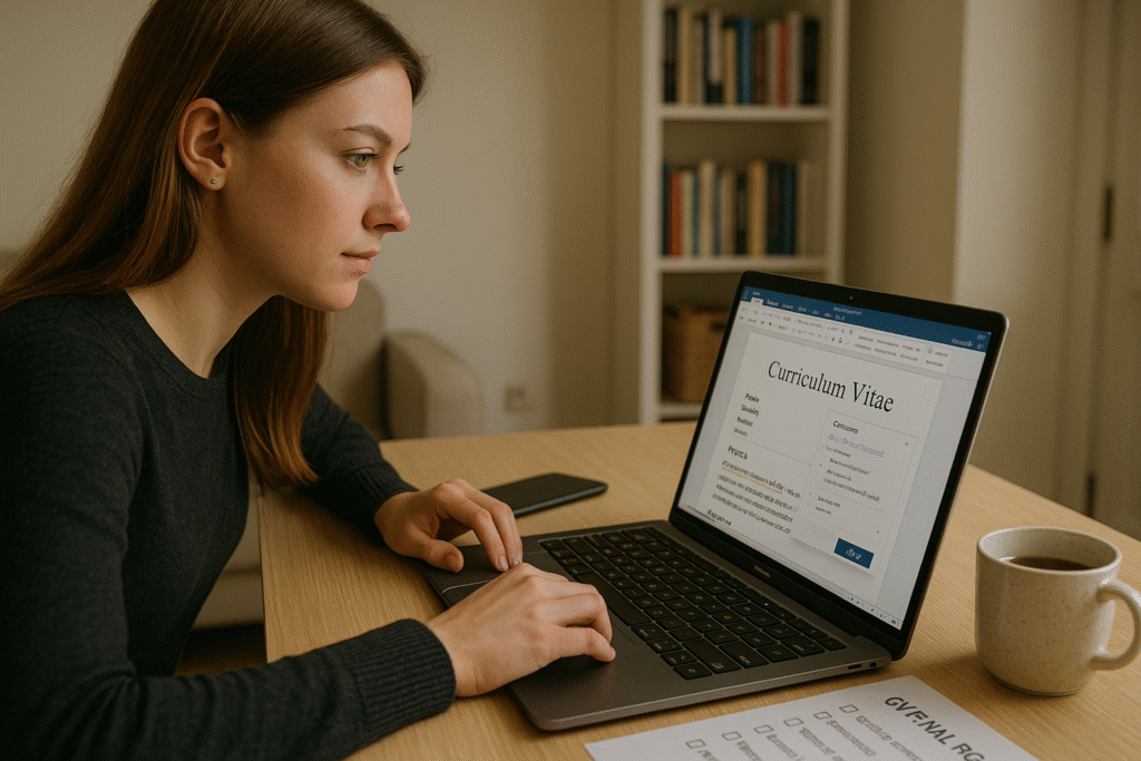 Young woman working on her laptop at home, following a printed checklist and sipping coffee while learning how to create CV UK style for a professional job application.