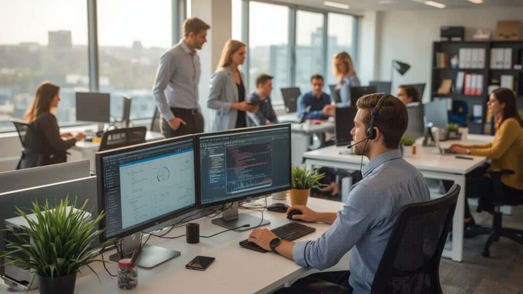 A diverse group of professionals collaborating in a modern office environment, representing various roles related to IT support jobs Birmingham.