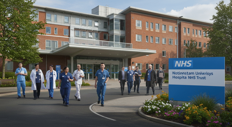 Healthcare professionals outside Nottingham University Hospitals NHS Trust, reflecting career diversity and jobs at Nottingham Hospital.