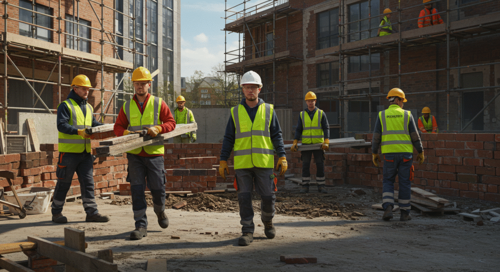 Construction site with multiple workers in safety gear actively engaged in labourer jobs Liverpool, lifting materials and building brick structures on a busy urban project.