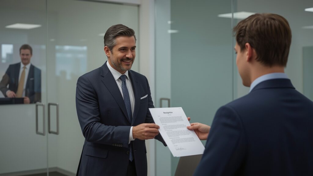 Two professionally dressed men exchange a document during a formal conversation, likely discussing a resignation letter template UK format.