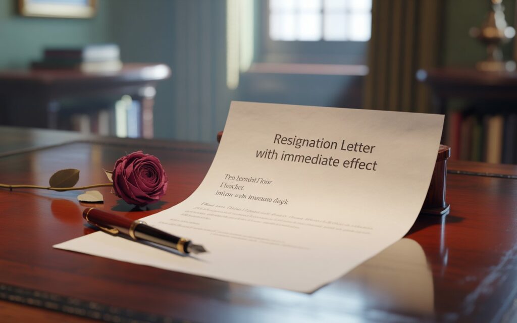 A printed resignation letter placed beside a blank resignation letter template UK style on a wooden desk, ready to be filled out for a professional job exit.