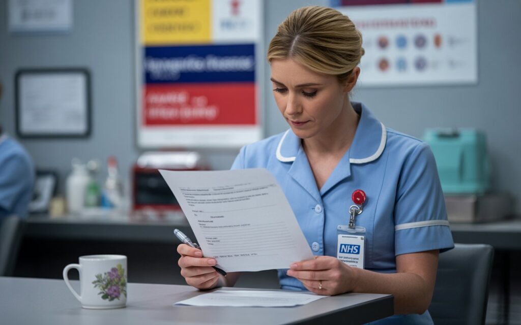A nurse sits at a table reading a document that looks like a resignation letter template UK, fully focused on its contents and the decision ahead.