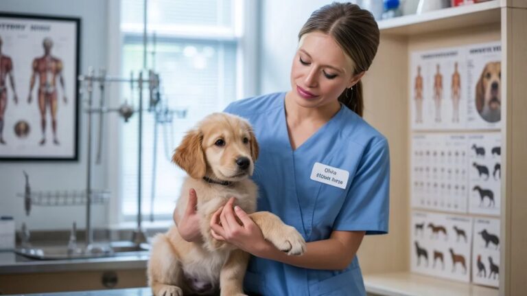 A female vet cradling a dog in a veterinary clinic, representing the caring nature of student veterinary nurse jobs in a professional setting.