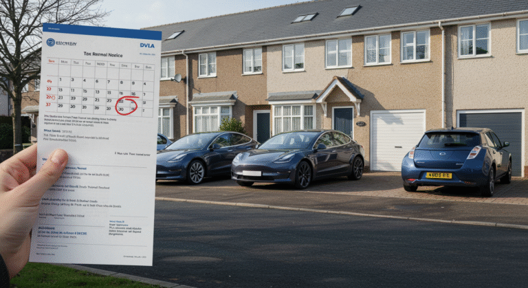 A person holding a calendar in front of an electric car, representing how drivers plan around the UK electric car tax loophole for savings and scheduling.