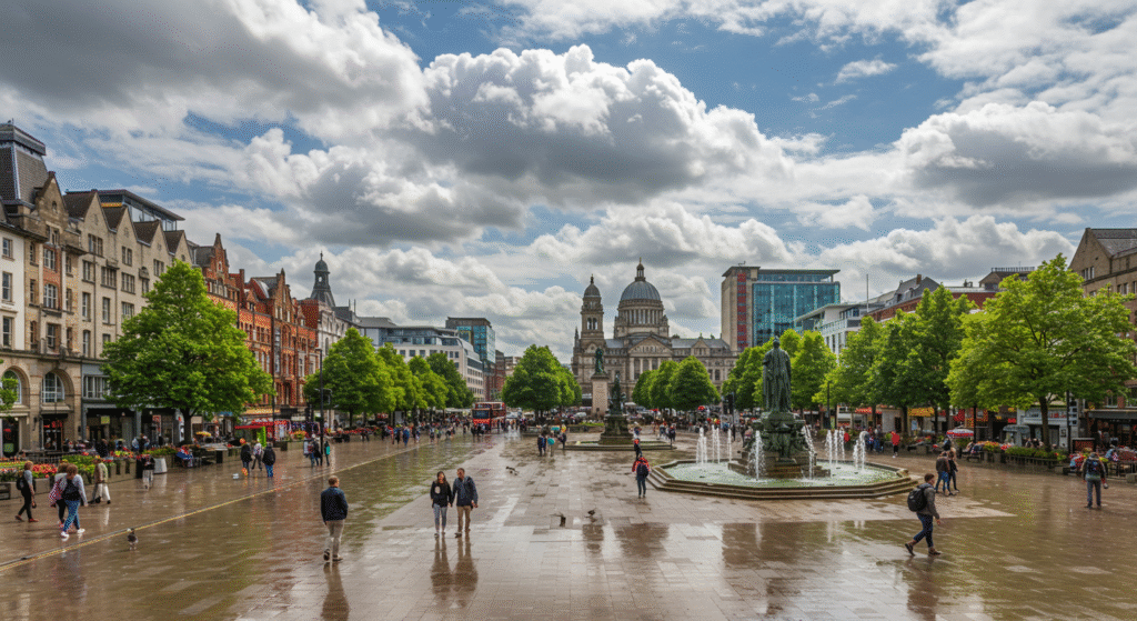 Weather for 10 days Birmingham view showing vibrant city centre with busy streets, shops, and people, highlighting urban life in England.