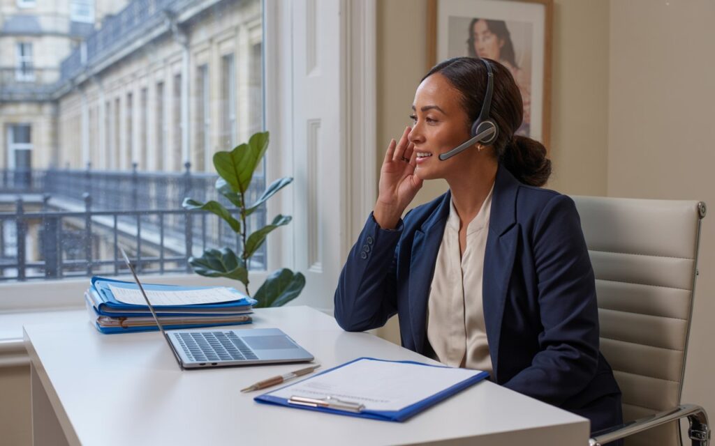 A woman in a business suit sits at her desk, using a laptop and headset, representing work from home nurse jobs UK