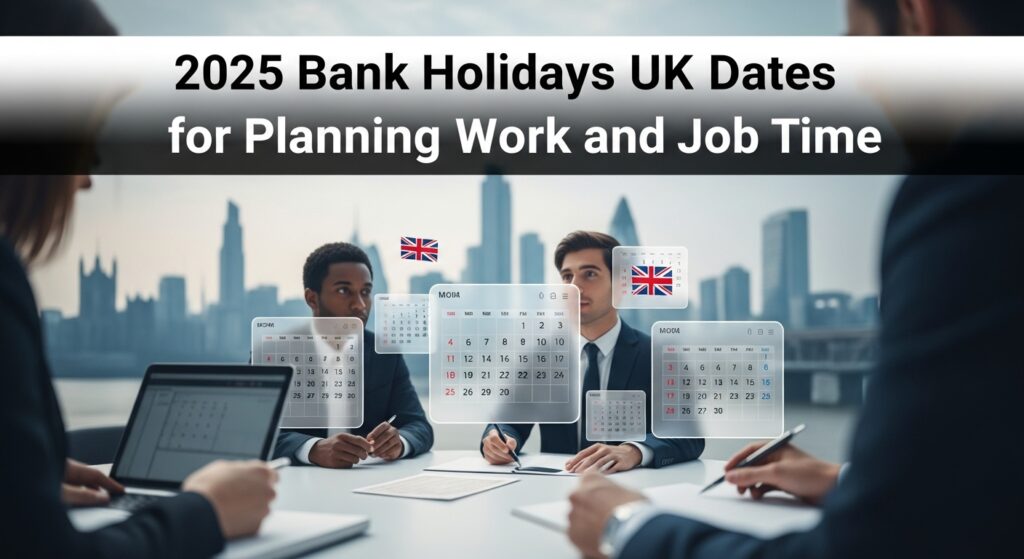 Team discussing work schedules with digital calendars and UK flags in the background, showing planning around 2025 bank holidays UK.