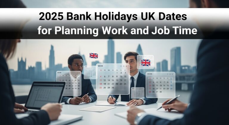 Team discussing work schedules with digital calendars and UK flags in the background, showing planning around 2025 bank holidays UK.