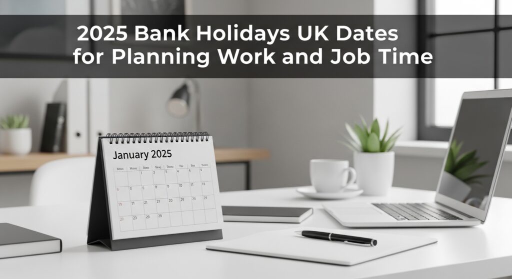 Desk setup with a January 2025 calendar and laptop, showing planning for work schedules and key 2025 bank holidays UK dates.
