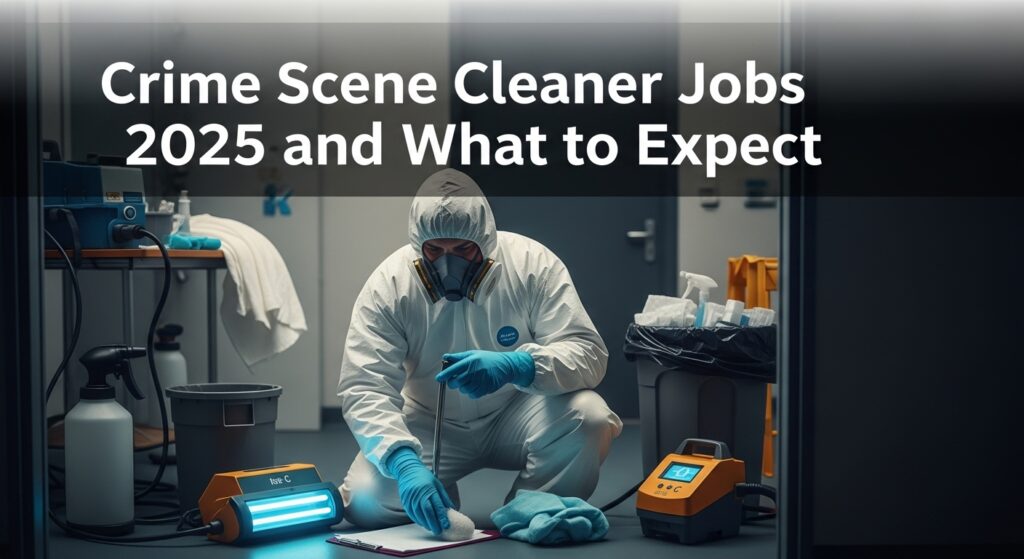 A professional technician in full protective gear performing a biohazard cleanup in a controlled environment, representing crime scene cleaner jobs in 2025 with modern safety tools and equipment.