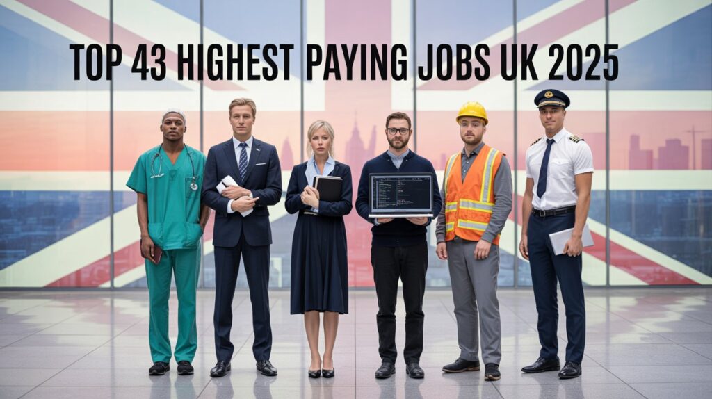 Top 43 highest paying jobs UK 2025 showing a group of high-paid professionals including a doctor, lawyer, engineer, software developer and pilot.