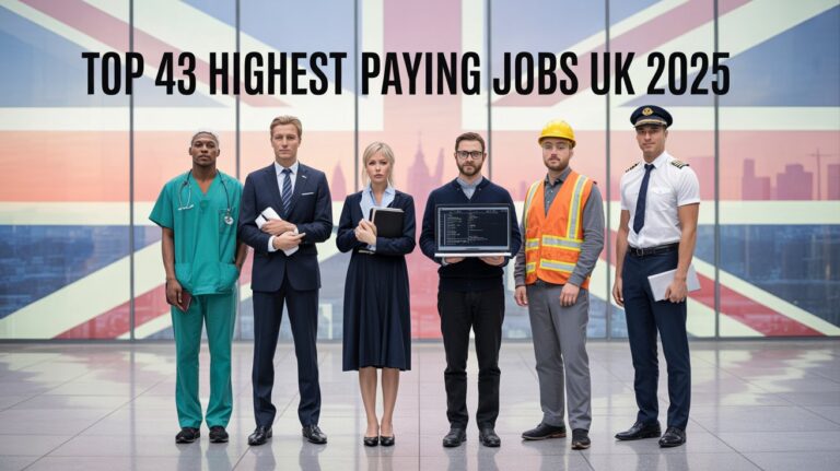 Top 43 highest paying jobs UK 2025 showing a group of high-paid professionals including a doctor, lawyer, engineer, software developer and pilot.
