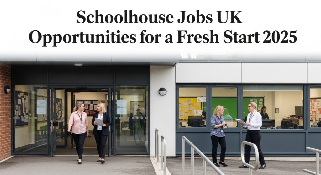 Realistic UK school environment featuring teachers, assistants, and administrative staff working together, representing schoolhouse jobs opportunities and career pathways for 2025 in the UK education sector.